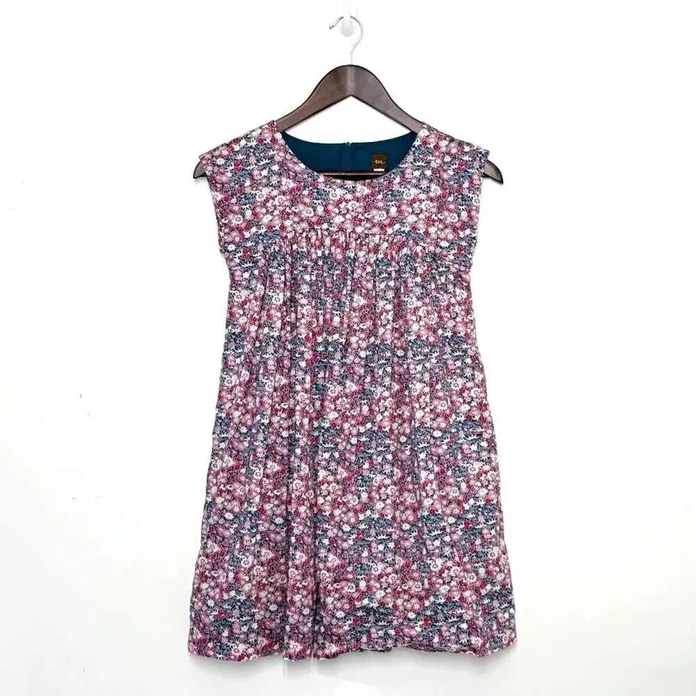 Tea Collection Sleeveless Floral Dress Girls 10 Pink Teal Woven 100% Cotton